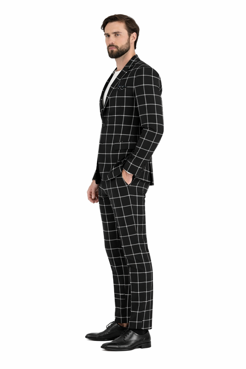 Mens Plaid Suits - Windowpane Pattern With Vest -Business Suit Black