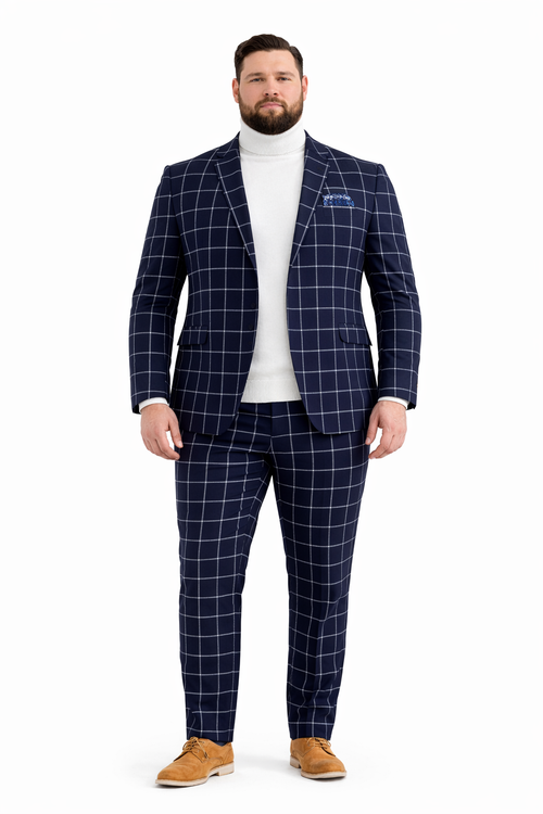 Mens Plaid Suits - Windowpane Pattern With Vest -Business Suit Navy