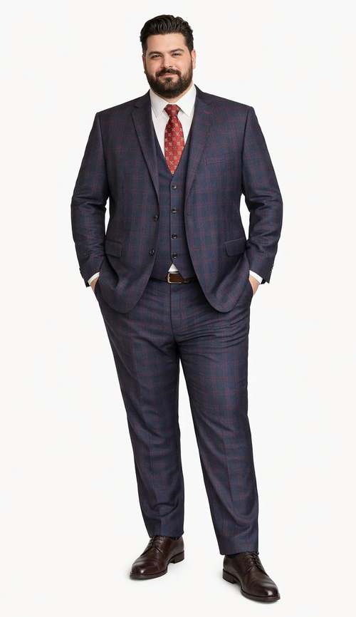 Mens Plaid Suits - Windowpane Wool Suits - Navy Blue with Dark Burgundy Pattern - Business Wool Suit in Classic or modern fit