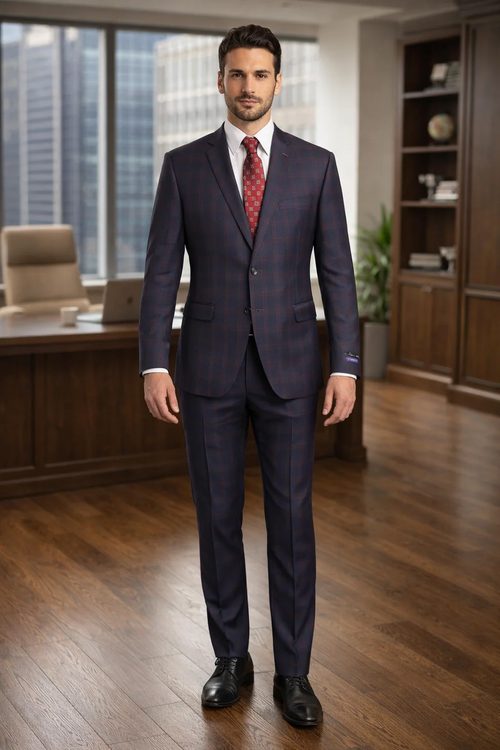 Mens Plaid Suits - Windowpane Wool Suits - Navy Blue with Dark Burgundy Pattern - Business Wool Suit in Classic or modern fit
