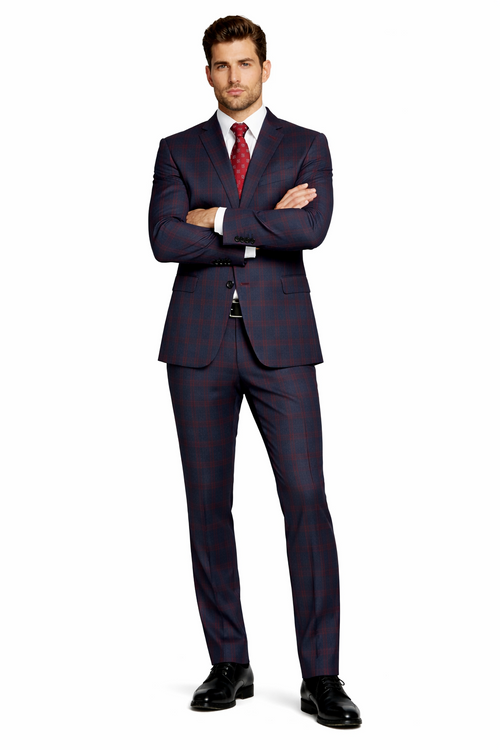 Mens Plaid Suits - Windowpane Wool Suits - Navy Blue with Dark Burgundy Pattern - Business Wool Suit in Classic or modern fit