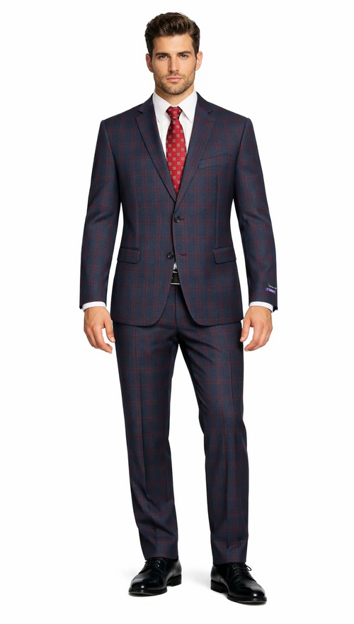 Mens Plaid Suits - Windowpane Wool Suits - Navy Blue with Dark Burgundy Pattern - Business Wool Suit in Classic or modern fit
