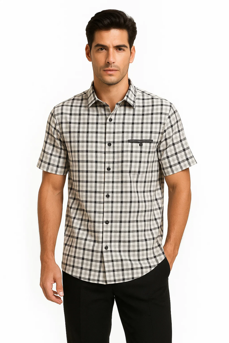 Men's black & gray plaid walking suit. Short-sleeve button-up shirt with breast pocket. Tailored straight-leg trousers. Clean, structured lines. Checkered pattern. Coordinated look.
