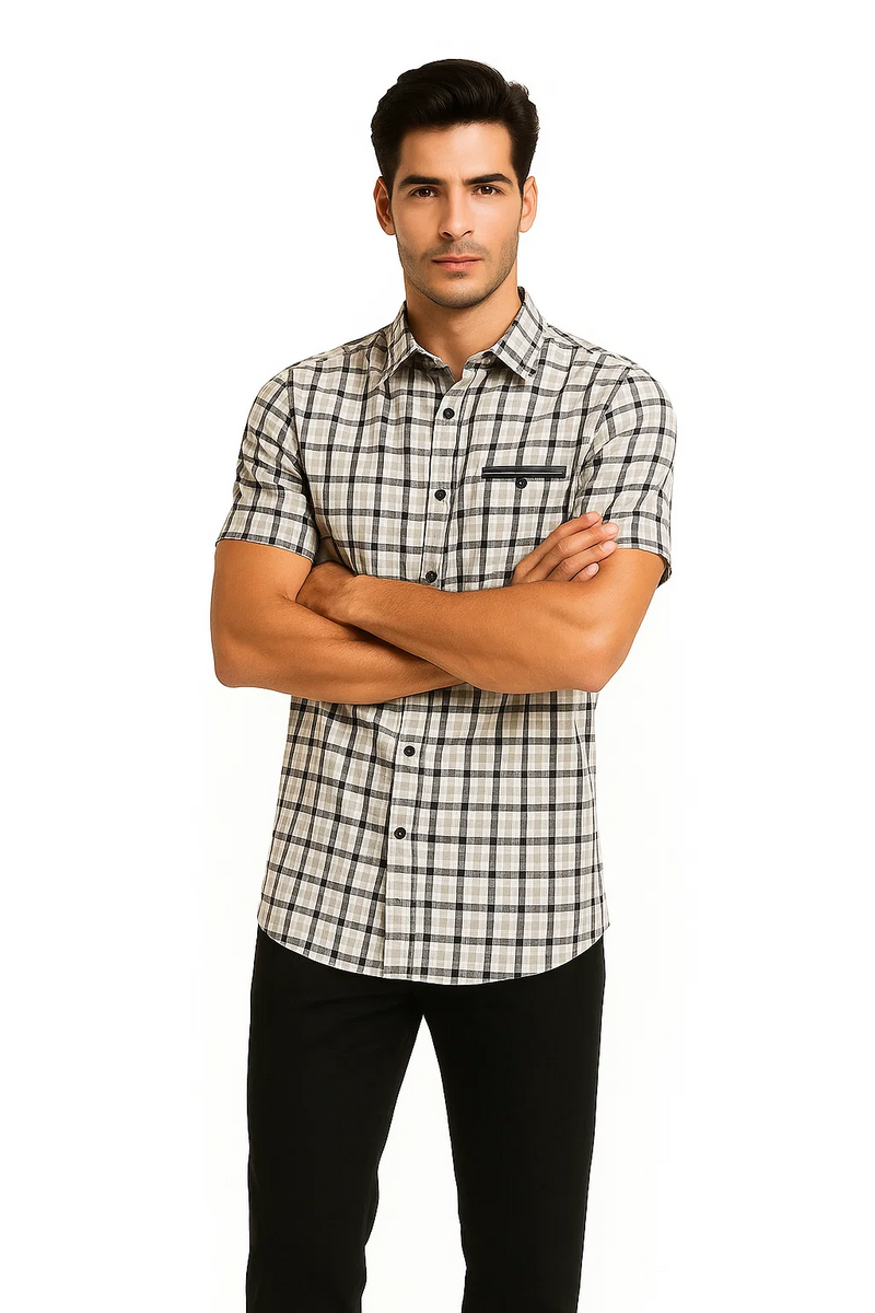 Men's black plaid walking suit. Short-sleeve shirt with black/gray plaid, button closure, chest pocket. Tailored black pants.