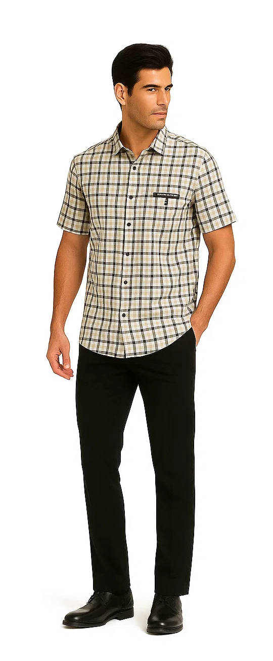 Men's black plaid walking suit. Beige short-sleeve patterned shirt with dark blue/black checks, button-down front, chest pocket. Paired with solid black, fitted trousers.