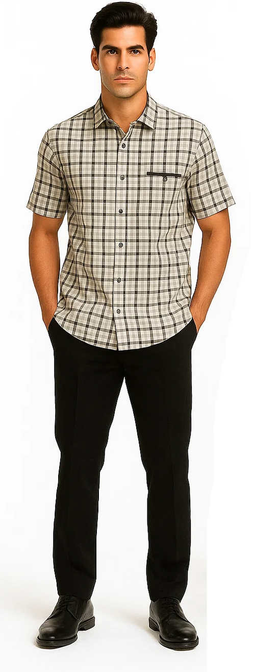 Men's black plaid walking suit. Short-sleeve button-up shirt with beige/black checkered pattern, black trim on chest pocket. Tailored black trousers, straight-leg fit.