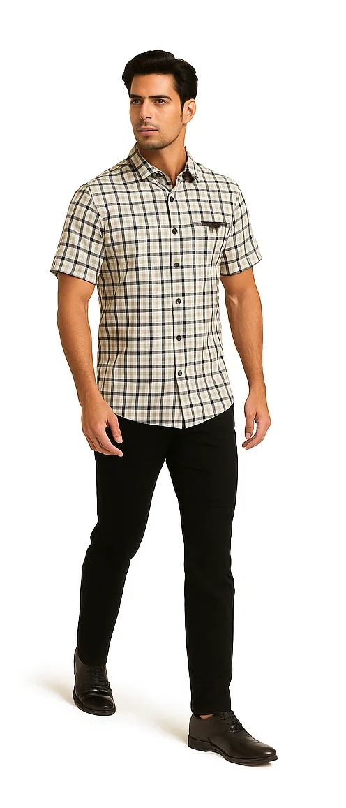 Men's plaid walking suit: Beige/black plaid short-sleeve shirt with button-up front, chest pocket. Paired with fitted, straight-leg black trousers.