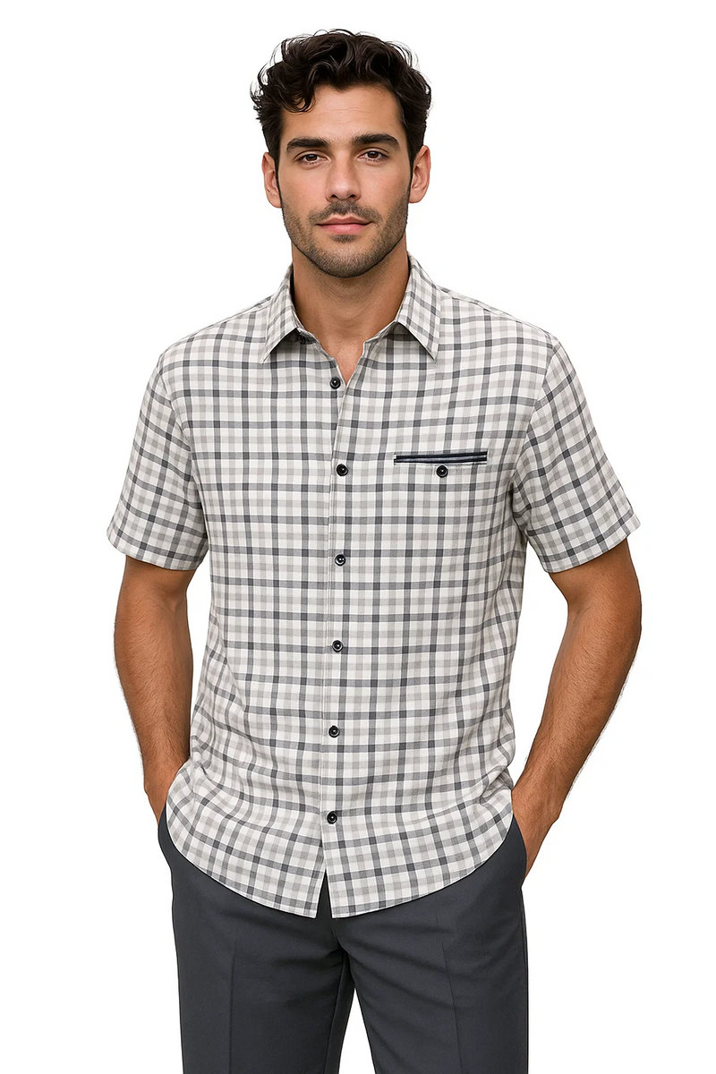 Men's grey plaid walking suit: short-sleeve shirt with pocket and trousers. Shirt features a light/dark grey grid pattern with black buttons. Trousers are solid grey.