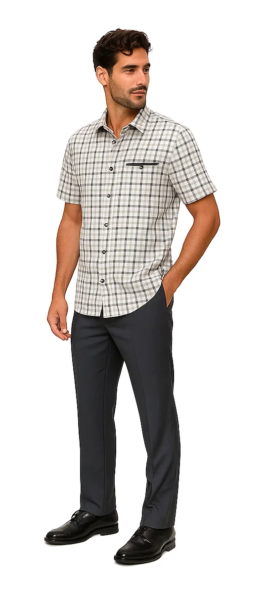 Grey plaid men's walking suit: short-sleeve button-up shirt with checkered grey/black pattern, classic collar, and pocket. Paired with tailored, straight-leg dark grey trousers. Lightweight fabric.
