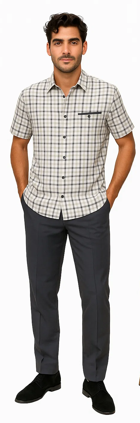 Men's grey plaid walking suit. Short-sleeve, button-up shirt with light & dark grey checkered pattern, chest pocket. Paired with dark grey, straight-leg trousers. Lightweight, smooth fabric, ideal for casual wear.