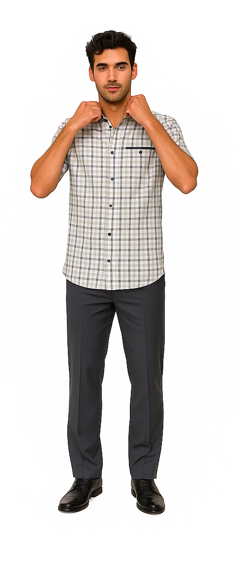 Grey plaid walking suit: short-sleeve button-up shirt and trousers. Shirt: light grey base, check patterns, chest pocket. Trousers: dark grey, straight-cut, flat front.