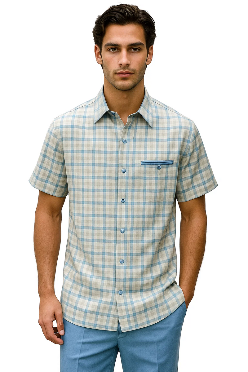 Men's powder blue plaid walking suit. Shirt: short sleeves, button-down, left pocket, light beige/blue check. Pants: straight leg, matching fabric.