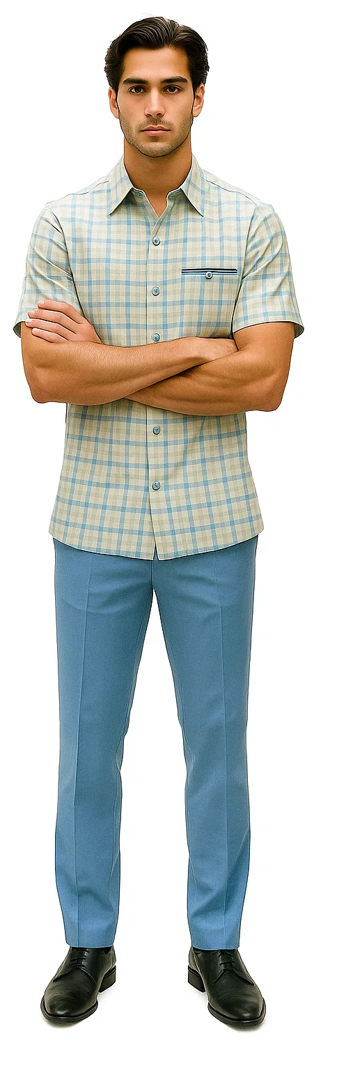 Men's powder blue walking suit: short-sleeve shirt with blue/beige plaid & tailored straight-leg trousers. Lightweight fabric.