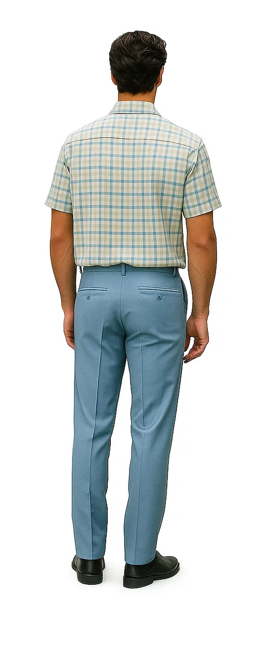 Men's powder blue plaid walking suit. Features a short-sleeved, light blue/beige checked shirt and tailored pants with back pockets and a straight-leg fit.