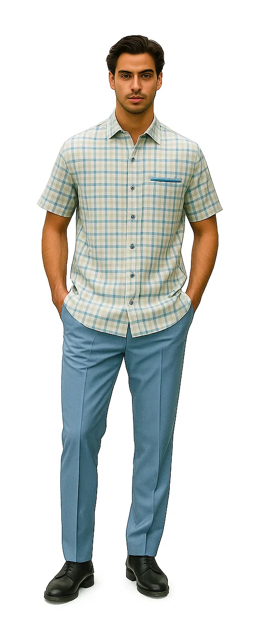 Powder blue men's walking suit. Short-sleeve button-up shirt with light blue & cream check, single chest pocket. Matching straight-leg trousers. Soft, cohesive color palette.