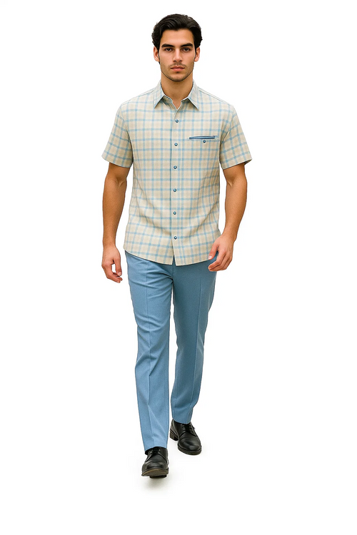 Men's plaid walking suit: light beige, short-sleeved, button-up shirt with blue plaid. Slim-fit powder blue trousers. Shirt has a chest pocket with blue trim.