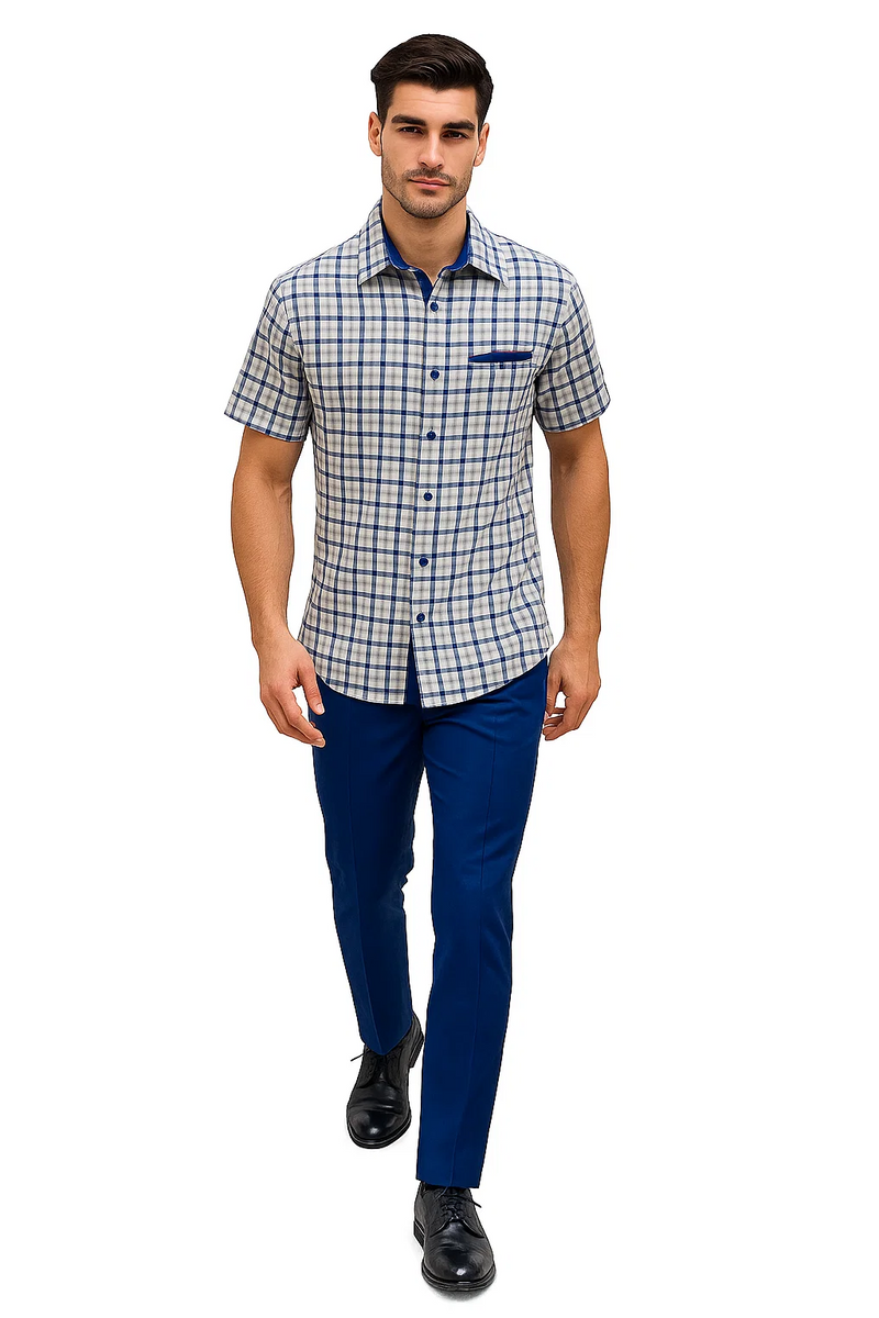 Men's royal plaid walking suit: Short-sleeved, button-up shirt with blue/white/navy check, chest pocket. Tailored, slim-fit royal blue pants. Lightweight, structured fabric.