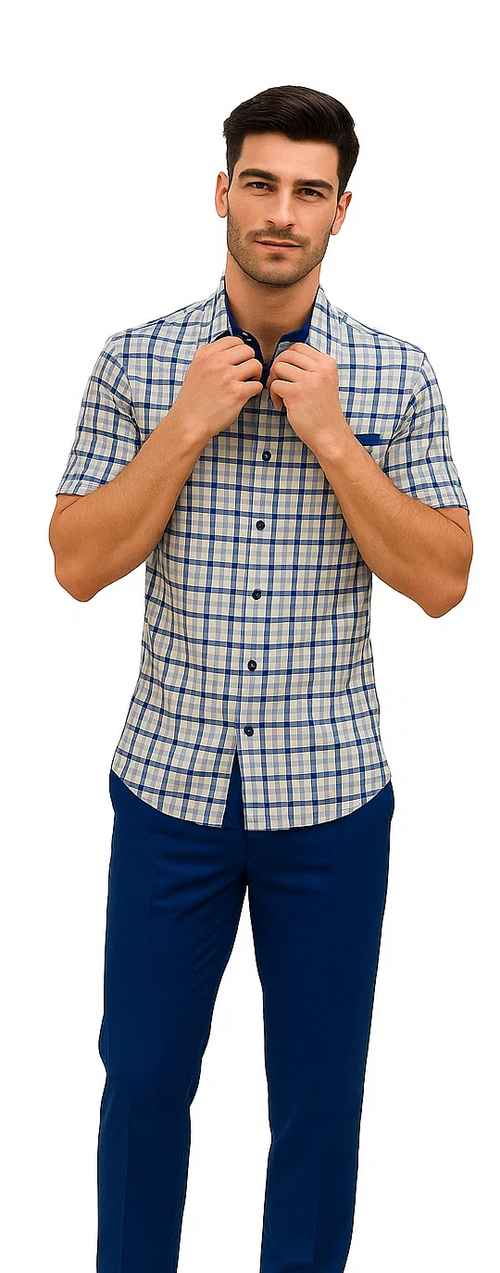 Men's plaid walking suit with a beige, blue, and navy plaid short-sleeved shirt and navy blue fitted trousers. Shirt has button-down front, collar, and chest pocket.