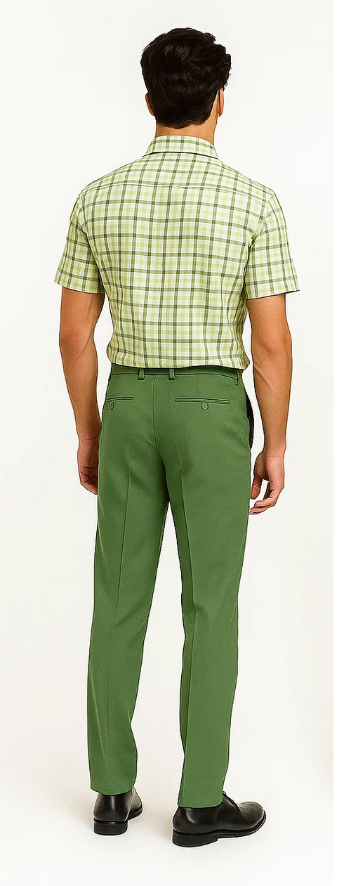 Sage plaid walking suit for men. Short-sleeve shirt, light green & white plaid. Solid sage trousers, straight leg. Lightweight fabric, ideal for warm weather. Shirt tucked.