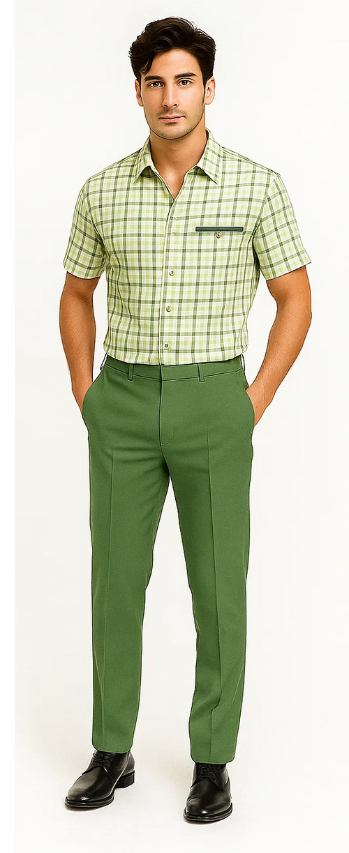 Men's sage plaid walking suit: short-sleeved green/white checked shirt with chest pocket, paired with tailored green, straight-leg, high-waisted trousers. Predominantly green tones, lighter shirt, darker pants.
