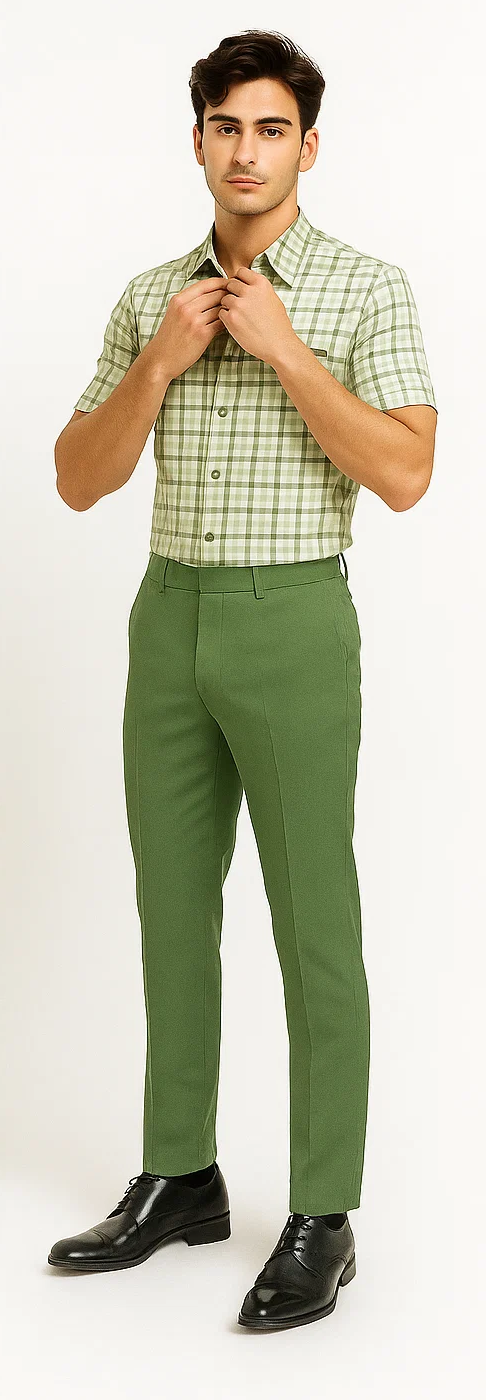 Sage green men's plaid walking suit: short-sleeved shirt with a light green & white check, collar & button closure. Tailored sage pants with crease. Black dress shoes complete the look.