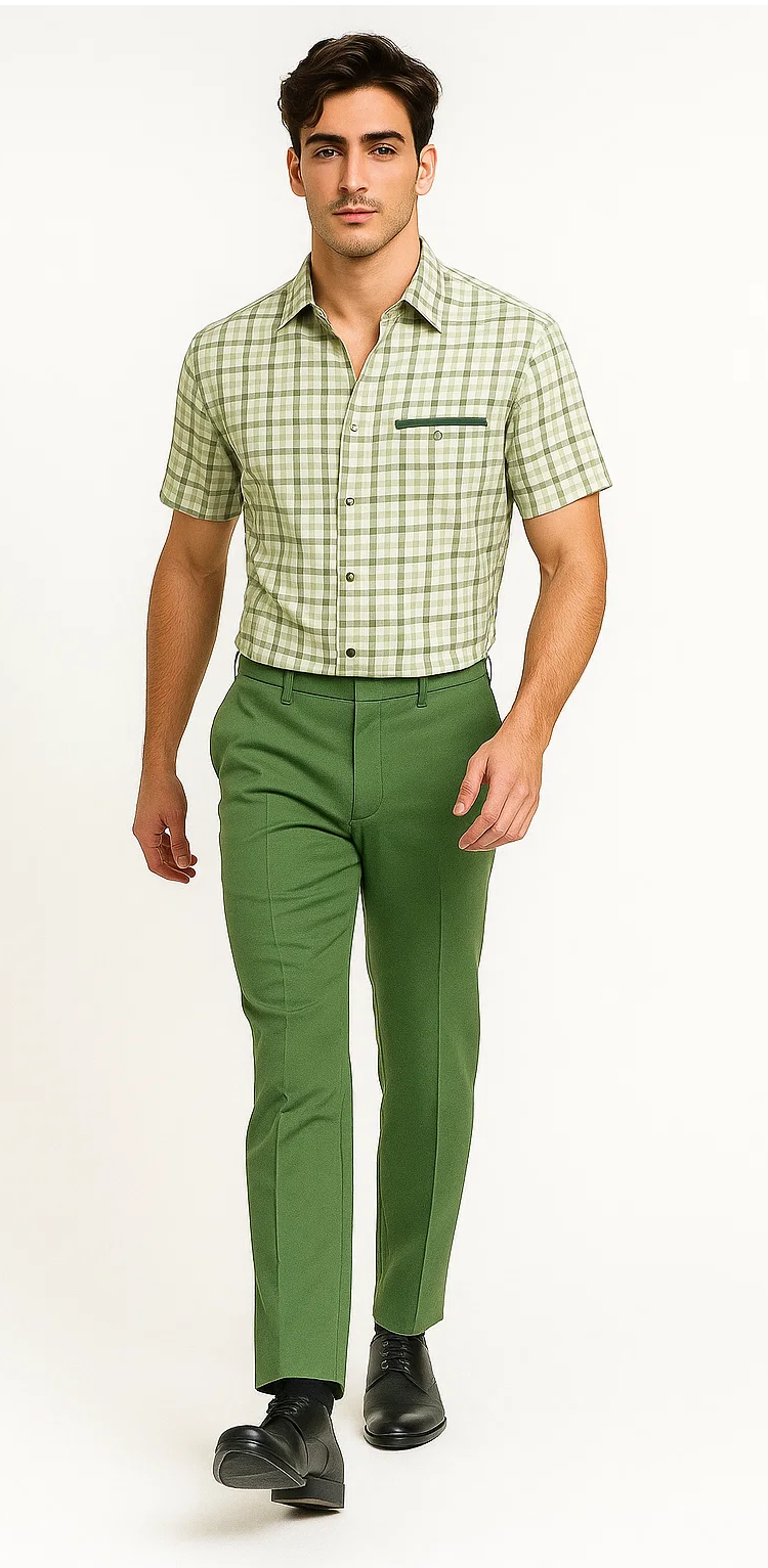 Men's plaid walking suit: short-sleeve sage green plaid shirt with chest pocket. Paired with slim-fit solid sage green trousers featuring front vertical seams. Smooth, structured fabric.