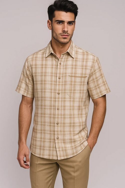 Tan plaid men's walking suit. Short-sleeve button-up shirt with beige/light brown plaid, standard collar, chest pocket. Paired with fitted tan trousers.