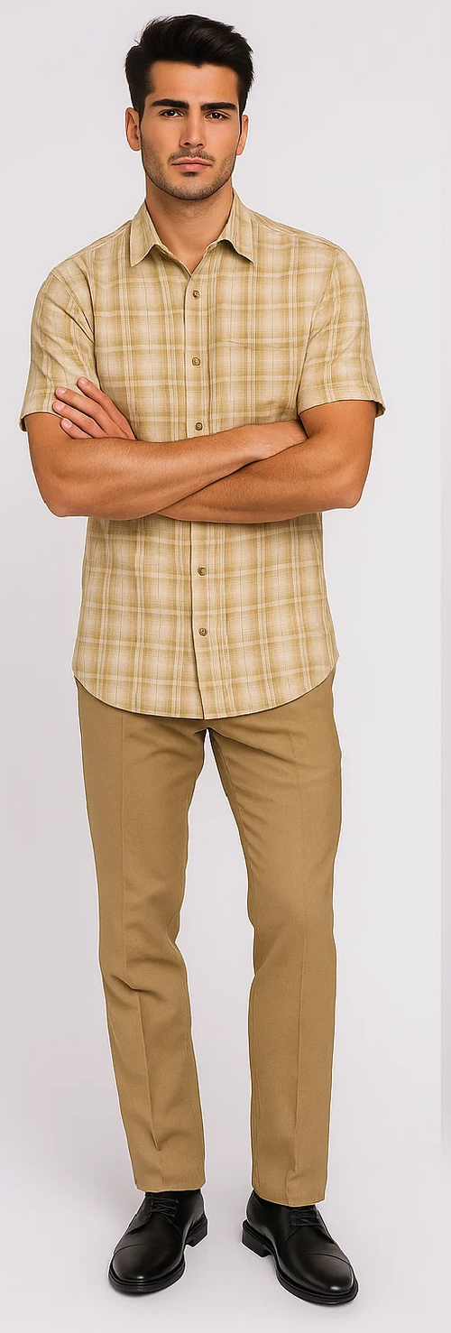 Tan plaid walking suit: short-sleeve shirt with spread collar and buttons, paired with tailored, lightweight tan pants. Warm neutral color palette.