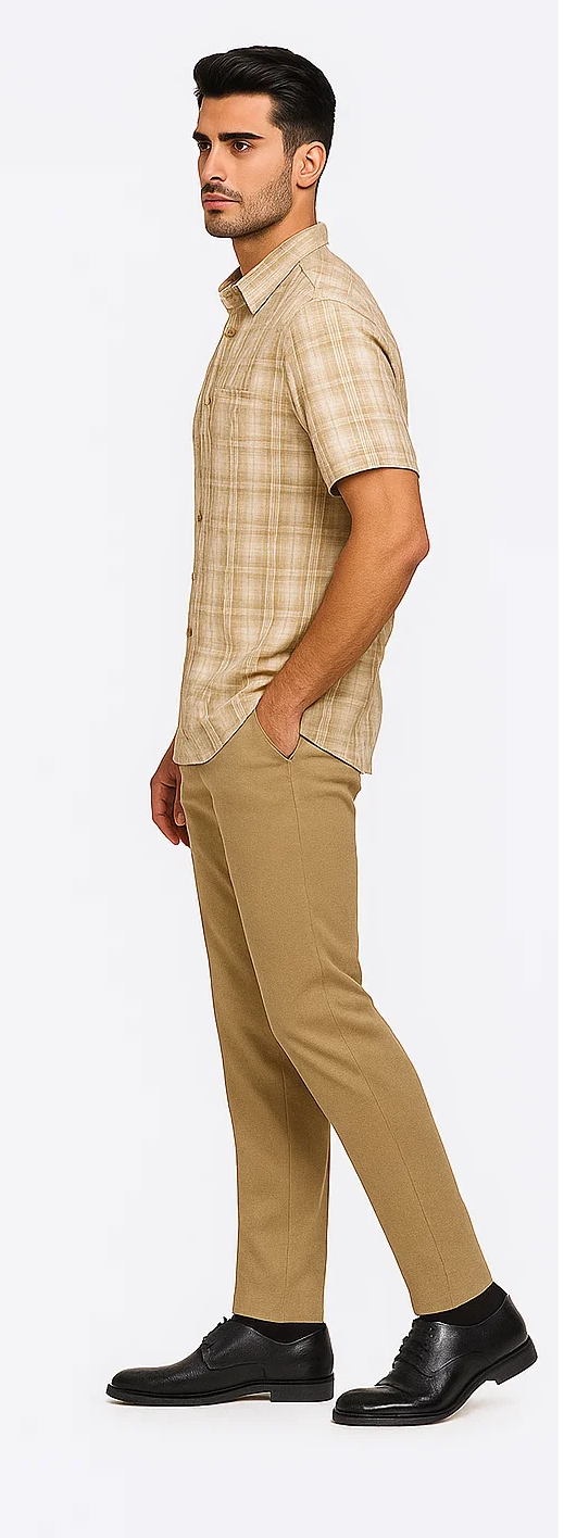 Tan plaid walking suit: short-sleeve button-up shirt, lightweight plaid fabric. Tailored, slim-fit tan pants. Includes black dress shoes.