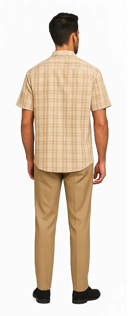 Tan plaid men's walking suit. Short-sleeve shirt with light beige plaid, paired with solid tan pants. Straight cut, smooth finish. No visible textures.