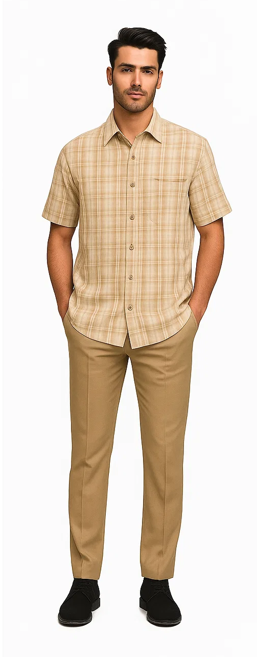 Tan plaid walking suit: short-sleeved, button-up shirt with checkered pattern. Light tan tailored trousers. Lightweight material. Shirt: standard collar, chest pocket. Pants: straight fit.