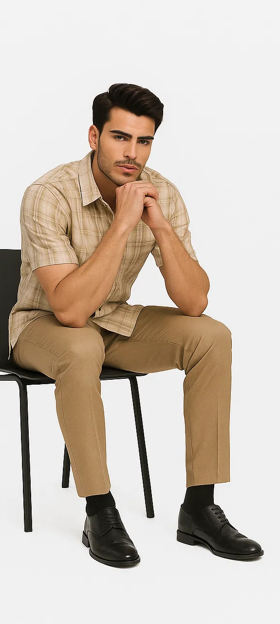 Men's tan plaid walking suit. Short-sleeved, beige check shirt with tan lines. Solid tan, straight-cut trousers. Includes black dress shoes. Neutral tones.