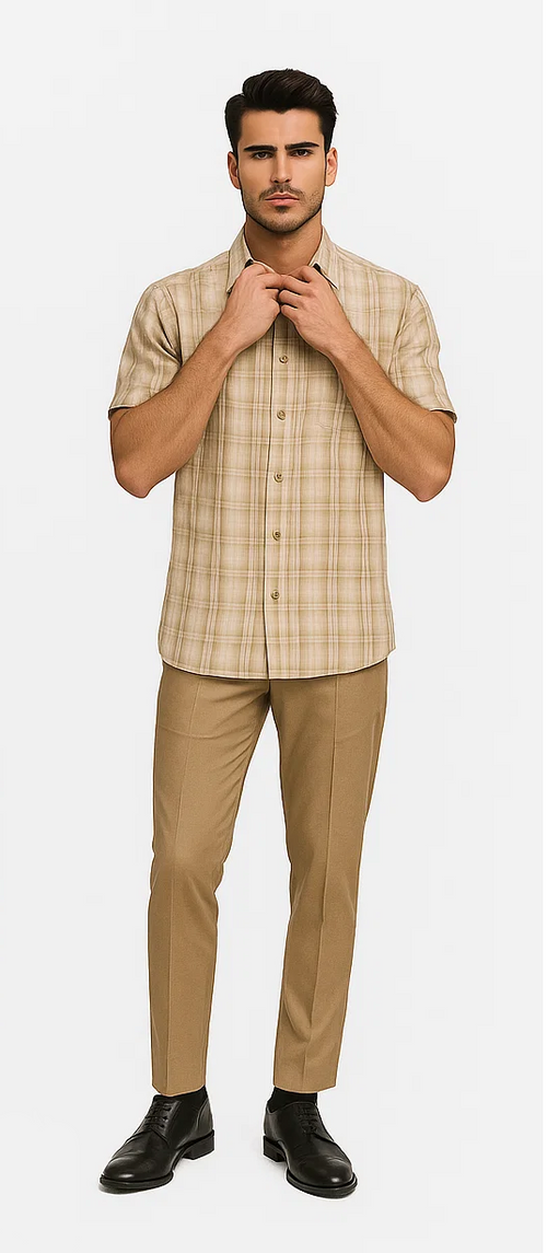 Tan plaid short-sleeve button-up shirt and matching slim-fit trousers. Lightweight material, standard collar, and tailored trousers with vertical seams. Finished with black dress shoes.