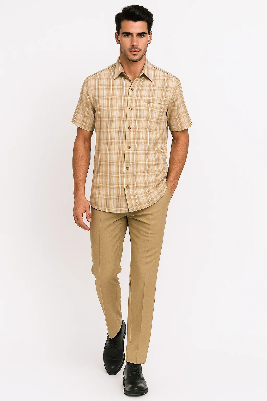 Mens Plaid Walking Suit in Tan by Dreams by Zacchi – 2 Piece Leisure Outfit with Matching Shirt and pant - $99