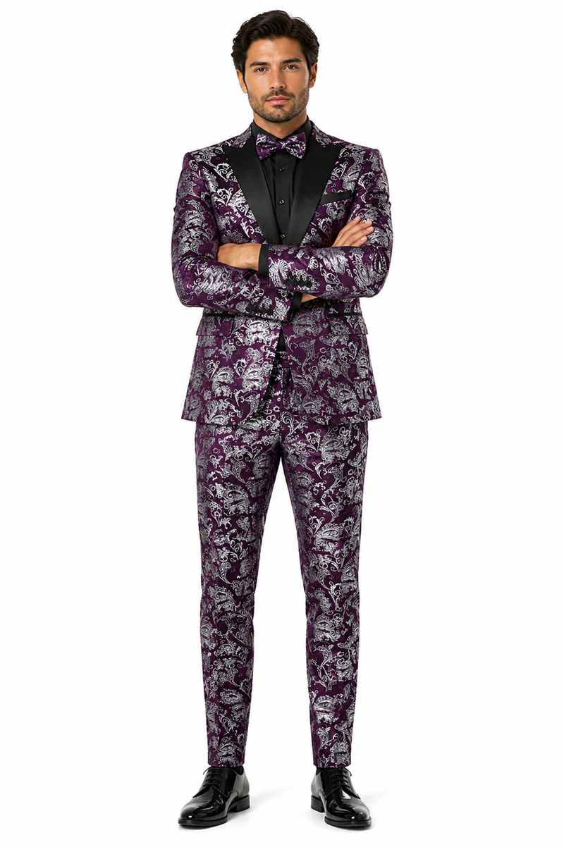 Mens Purple and White Paisley Floral Brocade Tuxedo Jacket - Suit with Satin Lapel Wtih Black Pants