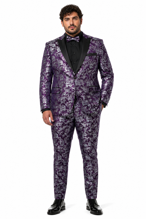 Mens Purple and White Paisley Floral Brocade Tuxedo Jacket - Suit with Satin Lapel Wtih Black Pants