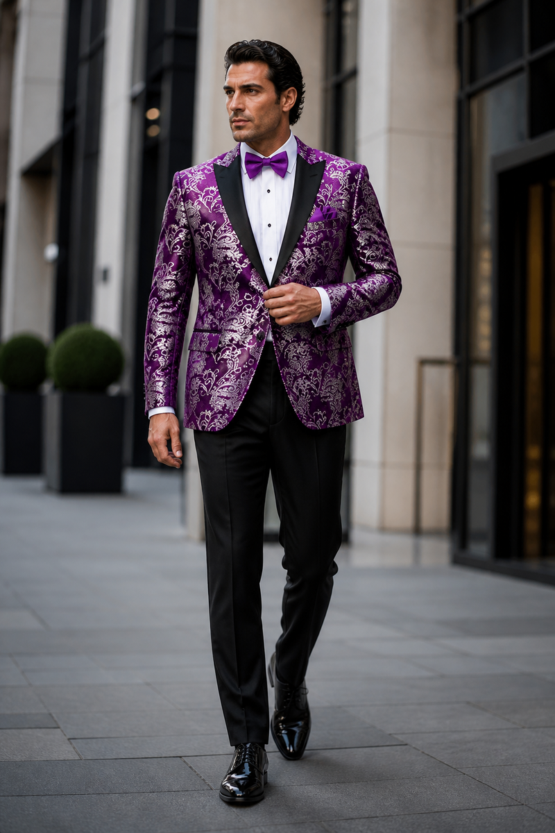 Men's Purple and White Twotoned Paisley Tuxedo Jacket with Black Satin Lapel Ć¢ā¬ā Formal Prom and Wedding Blazer
