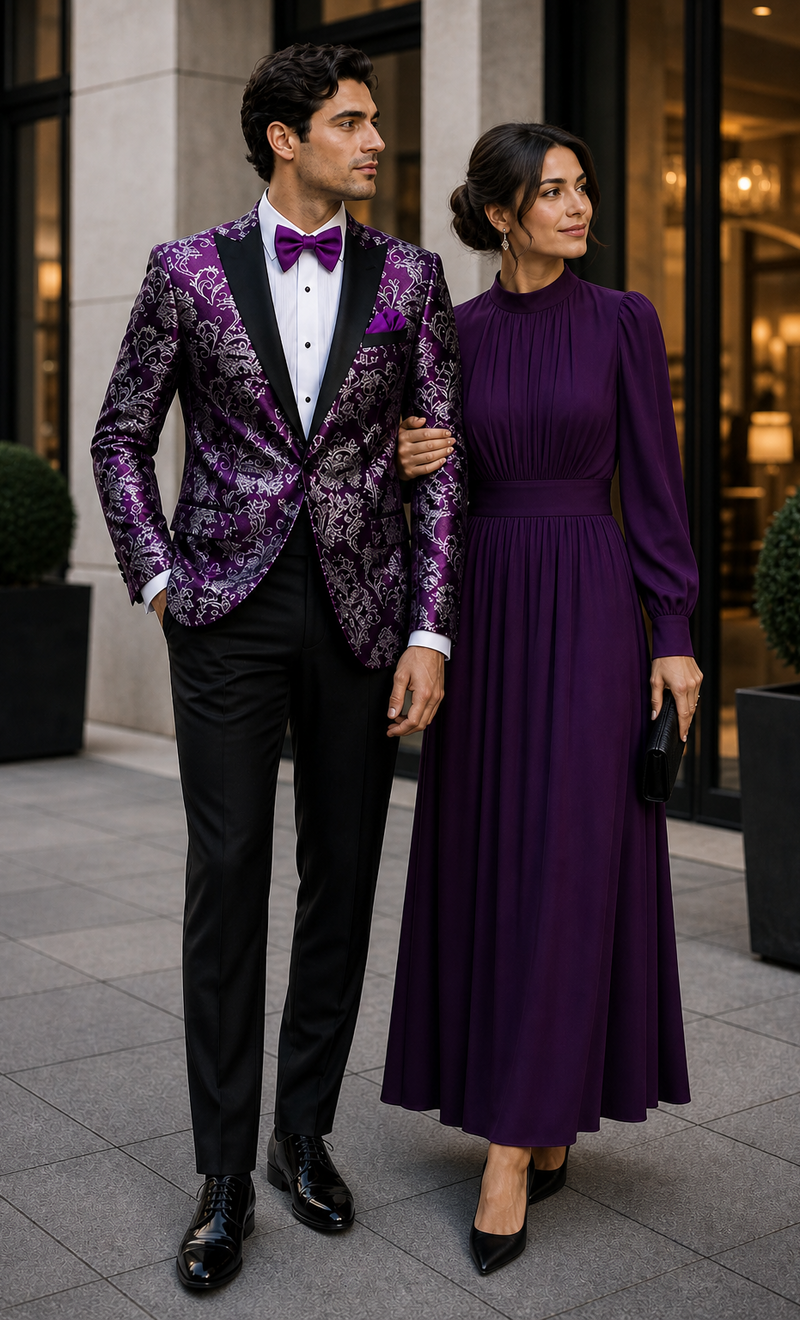 Men's Purple and White Twotoned Paisley Tuxedo Jacket with Black Satin Lapel Ć¢ā¬ā Formal Prom and Wedding Blazer