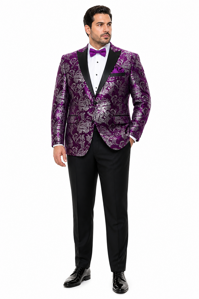 Men's Purple and White Twotoned Paisley Tuxedo Jacket with Black Satin Lapel Ć¢ā¬ā Formal Prom and Wedding Blazer