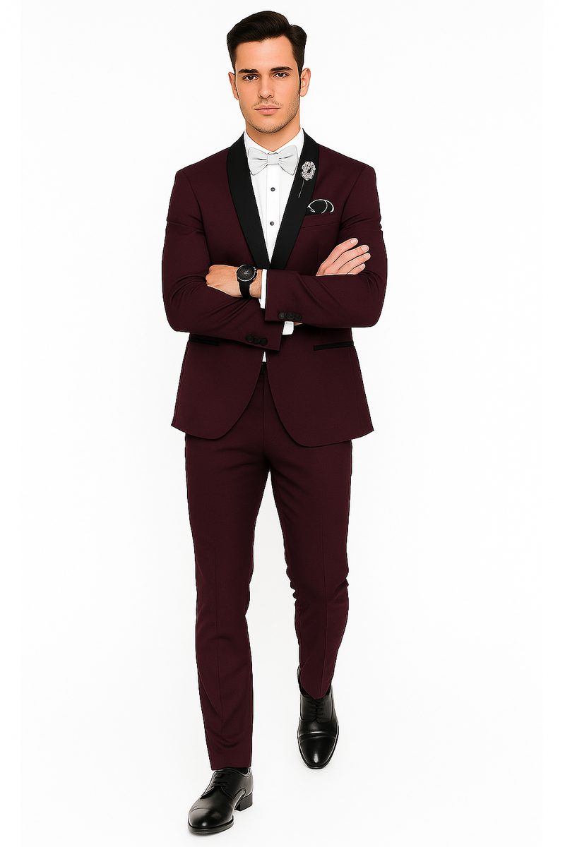 Men's Purple - Plum - Eggplant Jacket and Pants Two Button Shawl Lapel Tuxedo