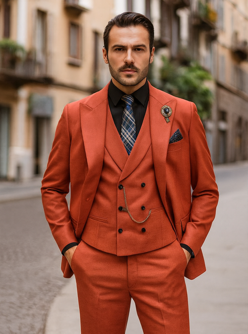 Luxury red men's suit: modern tailored fit, single-breasted jacket, double-breasted vest. Woven, textured fabric. Black shirt, patterned tie. Tailored lapels, decorative chain. Vibrant red with dark vest buttons.