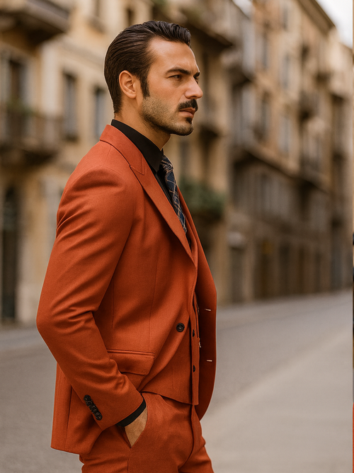 Elegant red men's suit: Tailored blazer with notched lapel, double-breasted vest, and sleek trousers. Smooth, solid fabric for a sophisticated look.