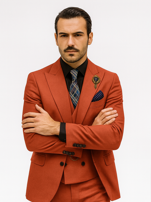 Red luxury men's suit with vest. Tailored fit, sharp lapels, smooth red fabric. Includes a black shirt, patterned tie, and vest for a layered look. Detailed cuff buttons and pocket square.