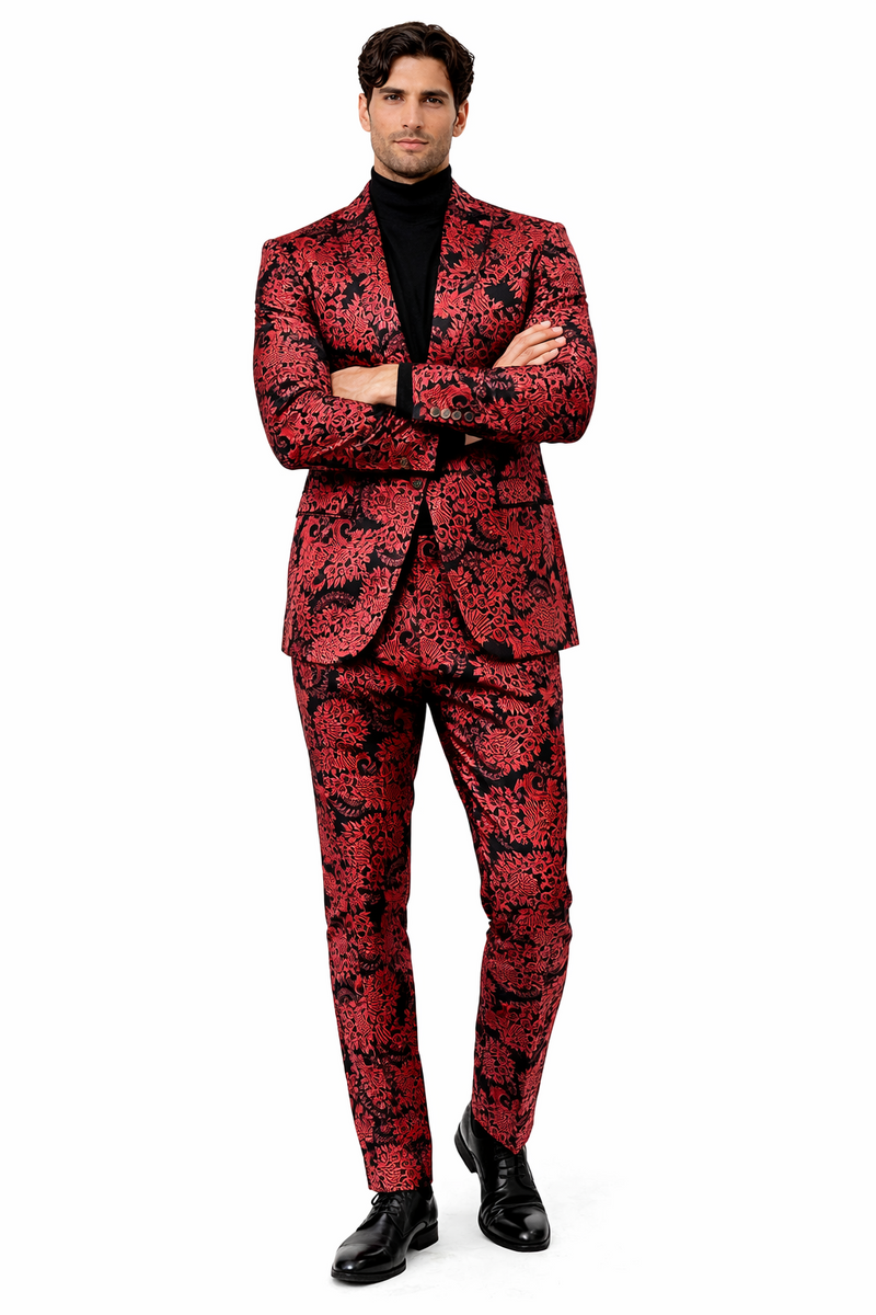 Mens Red and Black Floral Brocade Tuxedo Suit – Two Piece Slim Fit Set