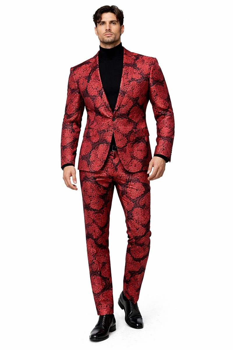 Mens Red and Black Floral Brocade Tuxedo Suit – Two Piece Slim Fit Set