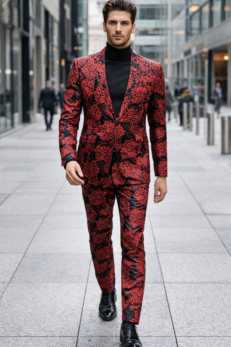 Mens Red and Black Floral Brocade Tuxedo Suit – Two Piece Slim Fit Set