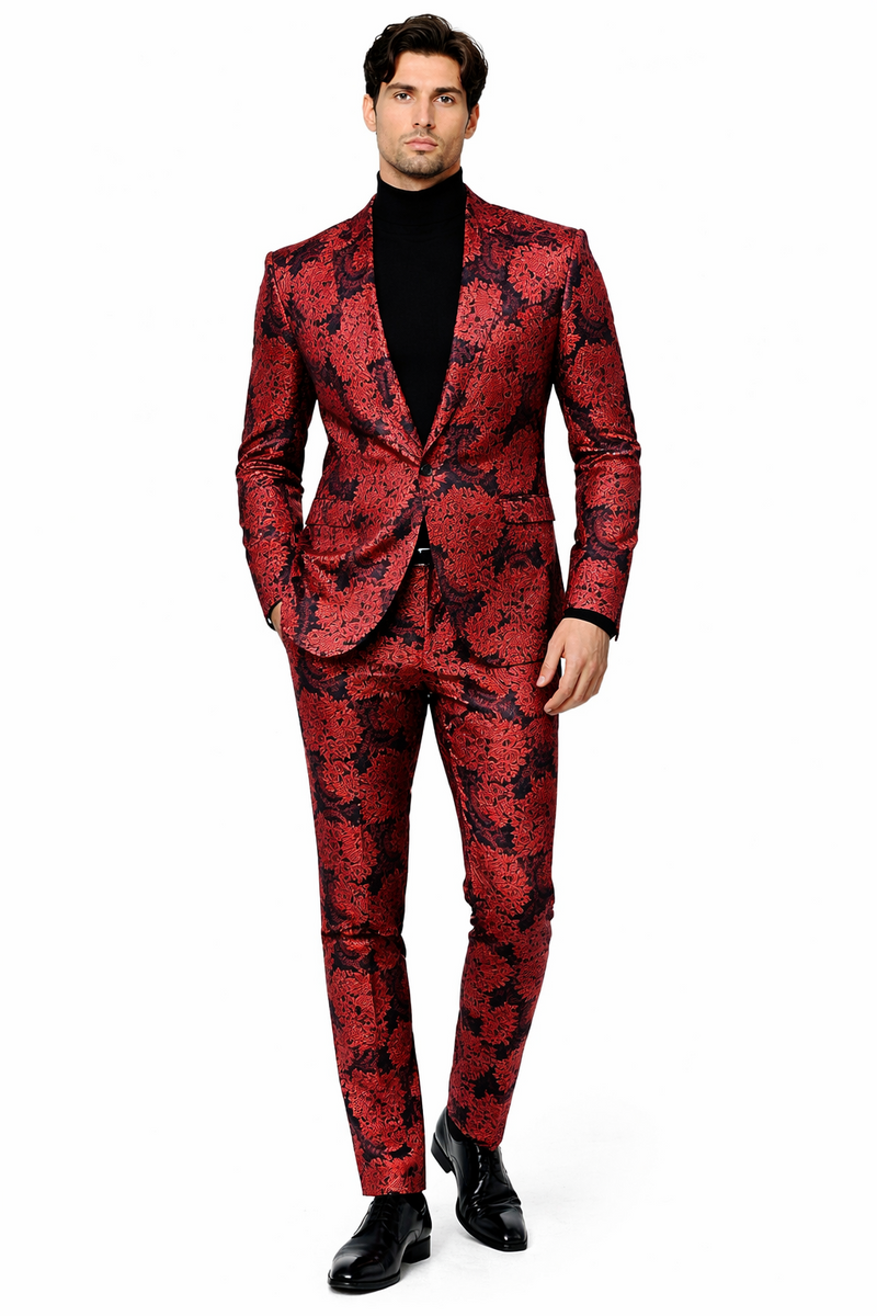 Mens Red and Black Floral Brocade Tuxedo Suit – Two Piece Slim Fit Set