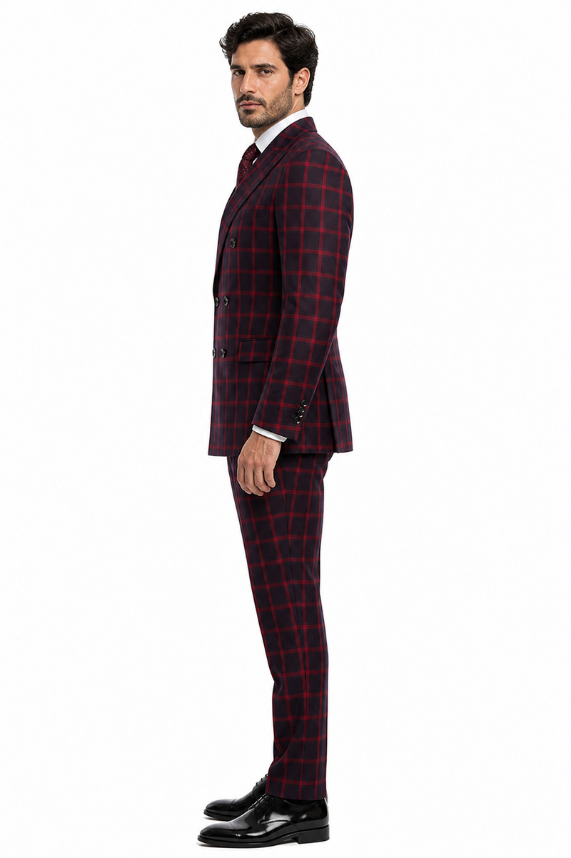 Mens Red and Black Plaid Double-Breasted Suit – Slim Fit Checkered 2 Piece Formal Business Outfit