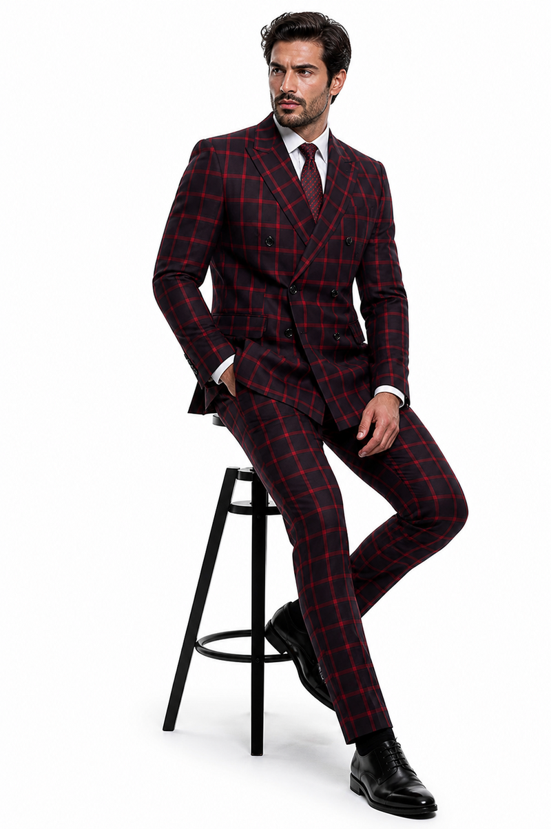 Mens Red and Black Plaid Double-Breasted Suit – Slim Fit Checkered 2 Piece Formal Business Outfit