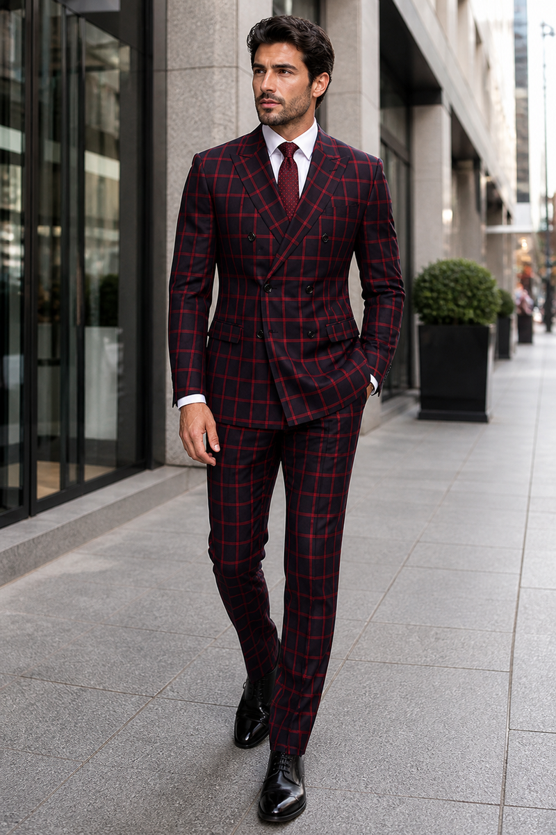 Mens Red and Black Plaid Double-Breasted Suit – Slim Fit Checkered 2 Piece Formal Business Outfit